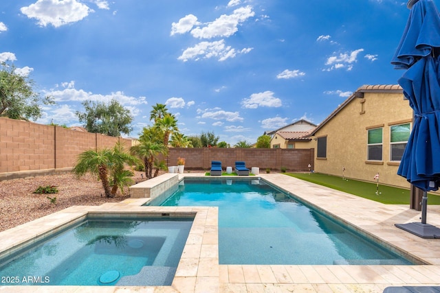 view of swimming pool with a patio area, a fenced backyard, an in ground hot tub, and a fenced in pool