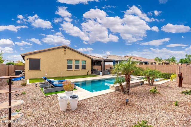 view of swimming pool featuring a fenced in pool, a patio, central AC unit, and a fenced backyard