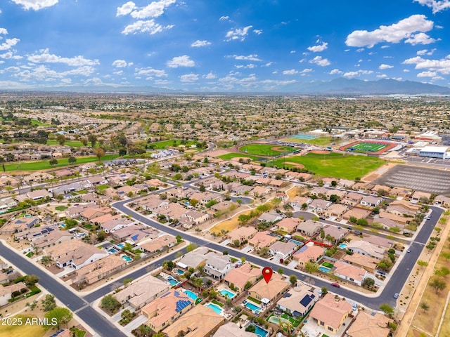 aerial view featuring a mountain view and a residential view