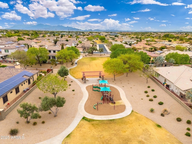 aerial view featuring a mountain view and a residential view