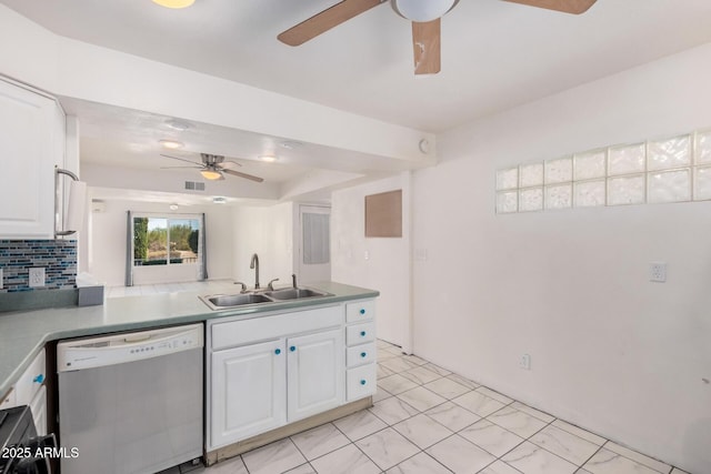 kitchen featuring a ceiling fan, visible vents, a sink, dishwashing machine, and white cabinetry