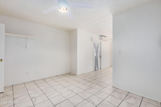 unfurnished room with a ceiling fan and a wall unit AC