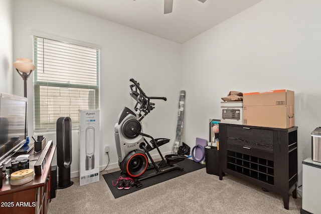 workout room featuring ceiling fan and light carpet