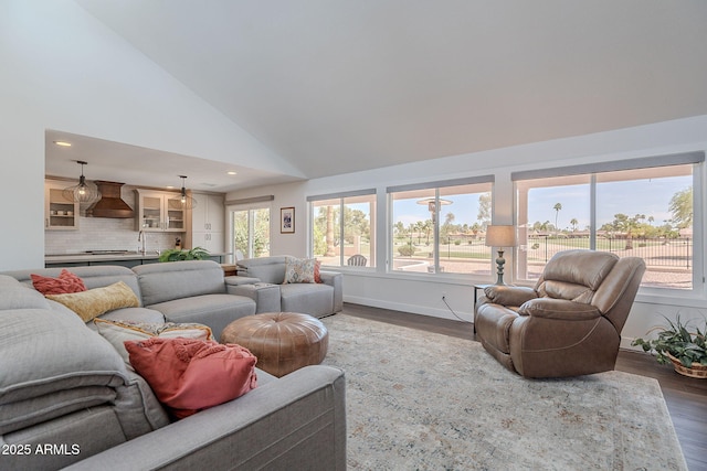 living area with high vaulted ceiling, dark wood-style floors, and plenty of natural light