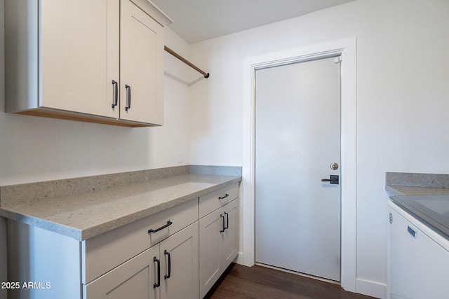 washroom with cabinet space and dark wood-style floors