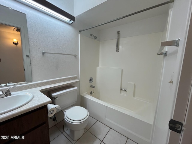 full bath featuring shower / bathtub combination, vanity, toilet, and tile patterned floors