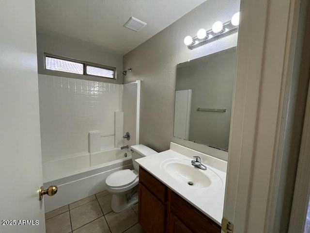 full bath with toilet, shower / bath combination, visible vents, vanity, and tile patterned floors