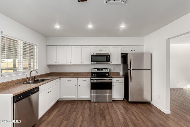 kitchen featuring white cabinetry, sink, dark hardwood / wood-style flooring, and stainless steel appliances