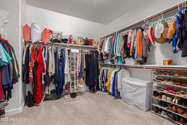 walk in closet featuring light carpet