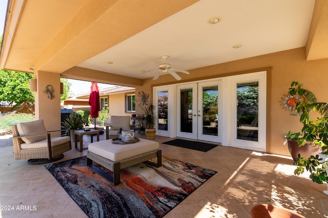 view of patio featuring an outdoor hangout area, ceiling fan, and french doors