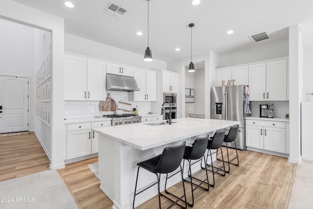 kitchen with sink, a kitchen island with sink, stainless steel appliances, and white cabinets