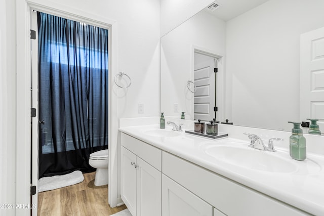 bathroom with vanity, toilet, and wood-type flooring