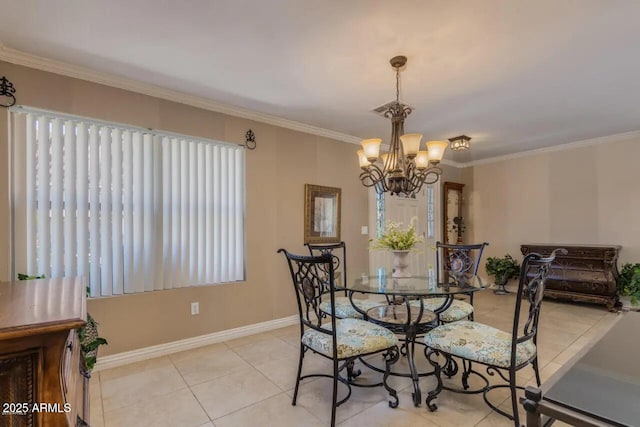 dining area with light tile patterned floors, baseboards, an inviting chandelier, and ornamental molding