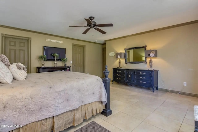 tiled bedroom featuring ceiling fan, baseboards, and ornamental molding