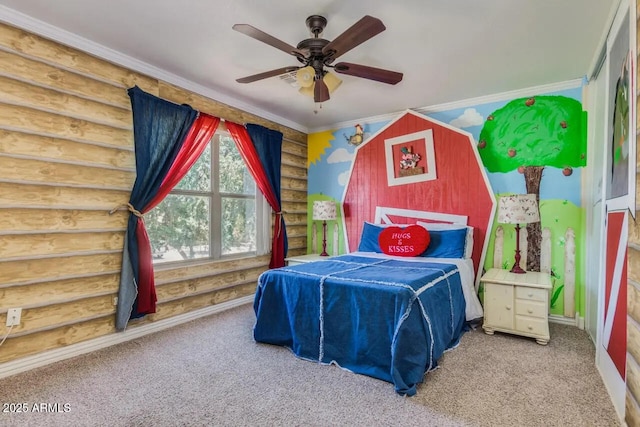 bedroom with rustic walls, ceiling fan, carpet, and ornamental molding