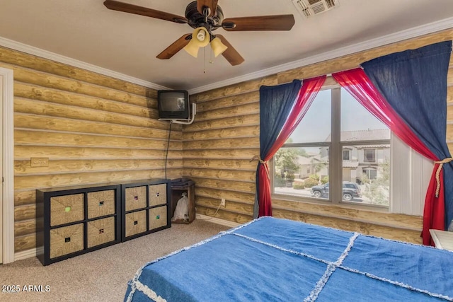 bedroom with rustic walls, visible vents, carpet, and ornamental molding