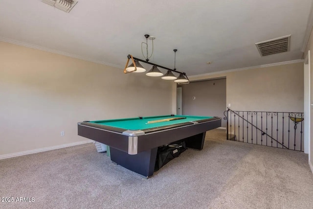 playroom with pool table, crown molding, visible vents, and carpet floors