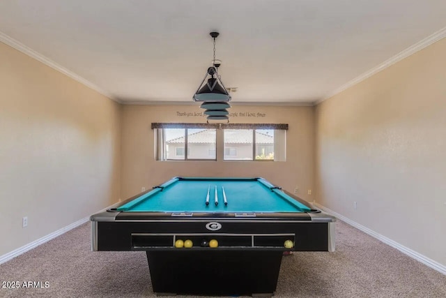 rec room with billiards, baseboards, carpet floors, and ornamental molding