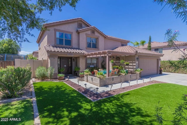 view of front of house with driveway, a pergola, fence, a front yard, and a garage