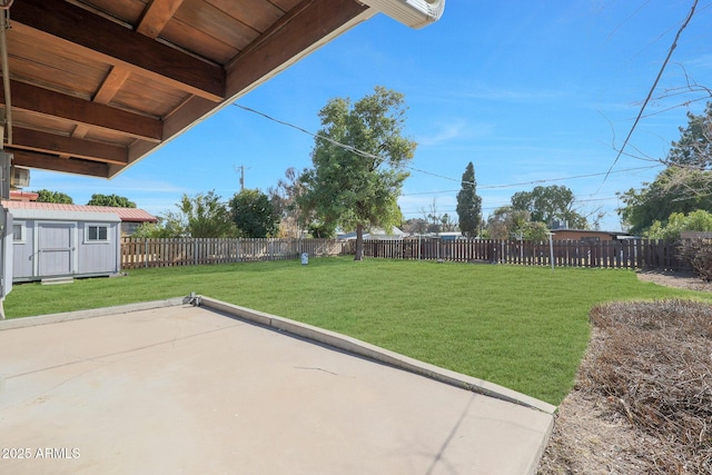 view of yard featuring a shed and a patio area