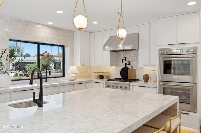 kitchen featuring tasteful backsplash, ventilation hood, white cabinets, stainless steel appliances, and a sink