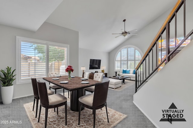 2340 W Myrtle Dr, Chandler, AZ 85248 - carpeted dining space featuring baseboards, a ceiling fan, high vaulted ceiling, and stairway