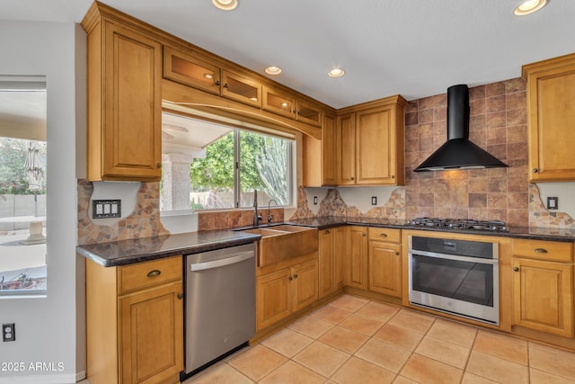 2340 W Myrtle Dr, Chandler, AZ 85248 - kitchen with wall chimney range hood, recessed lighting, appliances with stainless steel finishes, and decorative backsplash