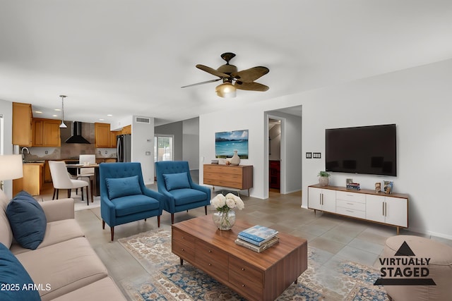 2340 W Myrtle Dr, Chandler, AZ 85248 - living room featuring visible vents, baseboards, recessed lighting, a ceiling fan, and light tile patterned floors