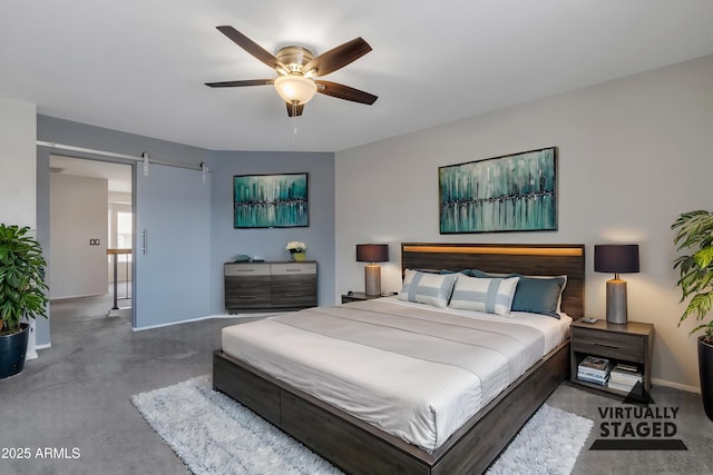 2340 W Myrtle Dr, Chandler, AZ 85248 - bedroom featuring a ceiling fan, baseboards, a barn door, and carpet