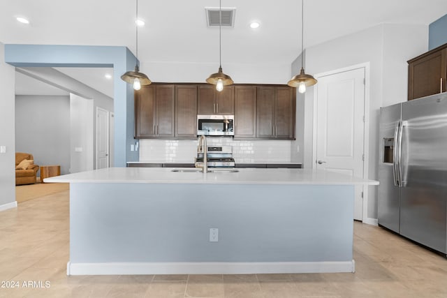 kitchen with pendant lighting, sink, a kitchen island with sink, stainless steel appliances, and tasteful backsplash