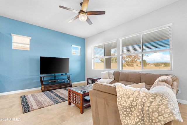 living room featuring ceiling fan