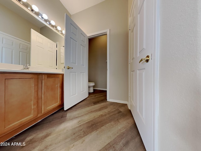 bathroom with hardwood / wood-style floors, vanity, and toilet