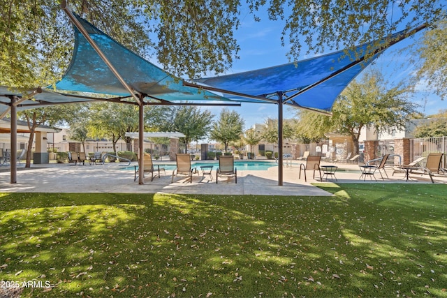 surrounding community with a swimming pool, a lawn, and a pergola