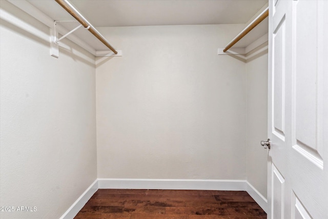 walk in closet with dark hardwood / wood-style floors