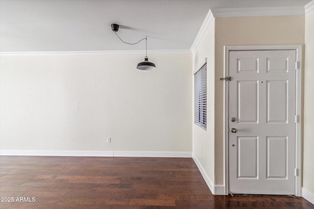 interior space with crown molding and dark wood-type flooring