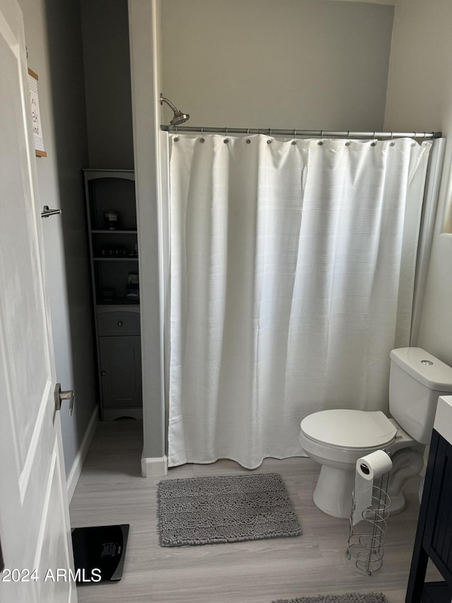 bathroom featuring hardwood / wood-style flooring, vanity, toilet, and a shower with shower curtain