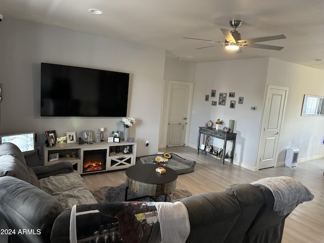 living room featuring ceiling fan and hardwood / wood-style flooring