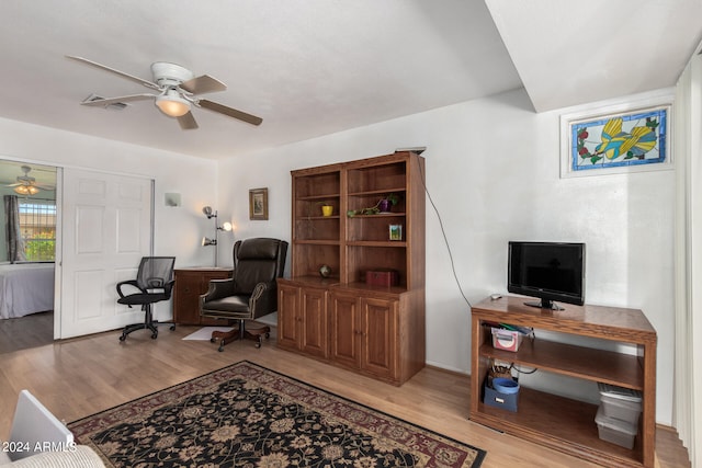 office area featuring ceiling fan and light hardwood / wood-style floors