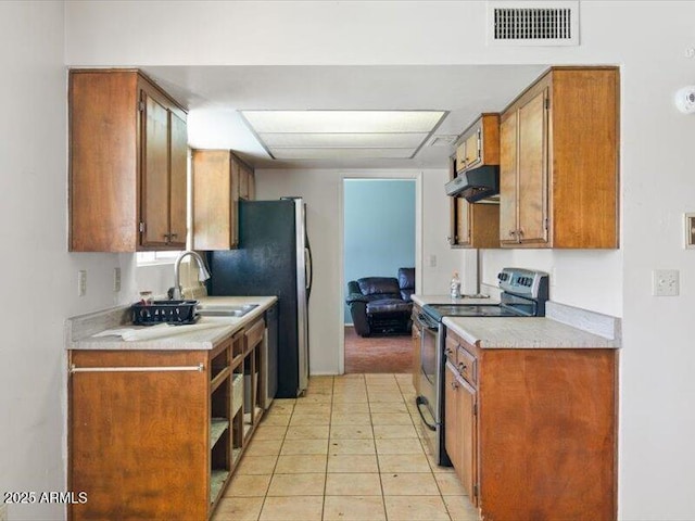 kitchen featuring under cabinet range hood, a sink, visible vents, light countertops, and stainless steel electric range oven