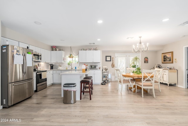 kitchen featuring a breakfast bar area, stainless steel appliances, decorative backsplash, light countertops, and white cabinets