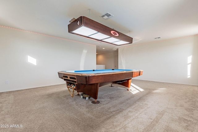 rec room with light colored carpet and billiards