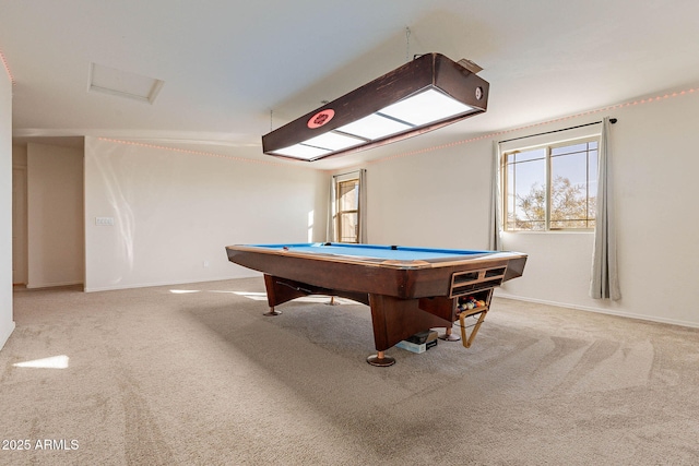 game room with billiards and light carpet