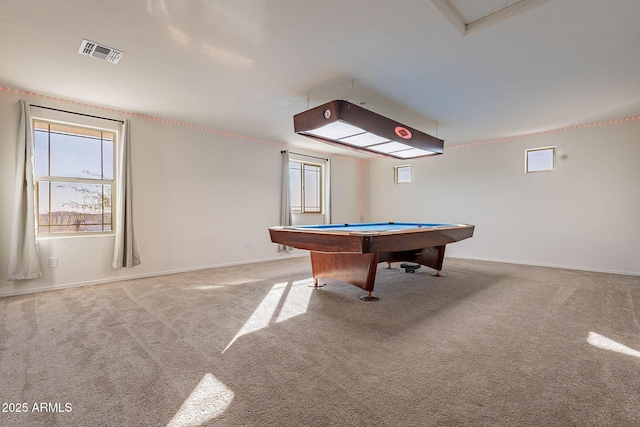 playroom with carpet, billiards, and ornamental molding