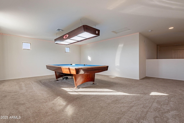 rec room featuring light carpet and pool table