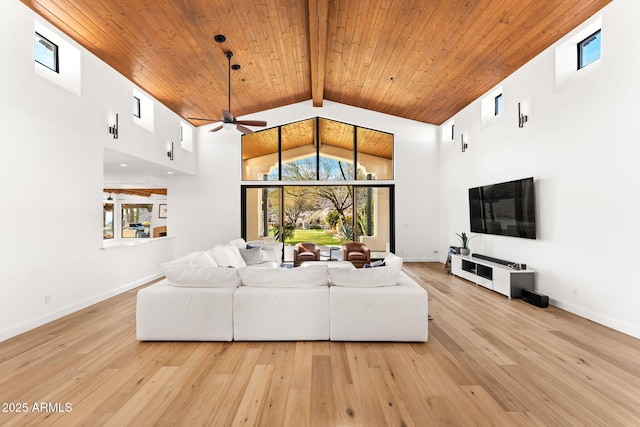 living area featuring wooden ceiling, beam ceiling, high vaulted ceiling, and light wood-style floors