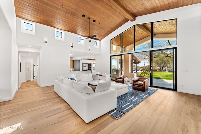 living room featuring light wood finished floors, baseboards, wood ceiling, beamed ceiling, and high vaulted ceiling