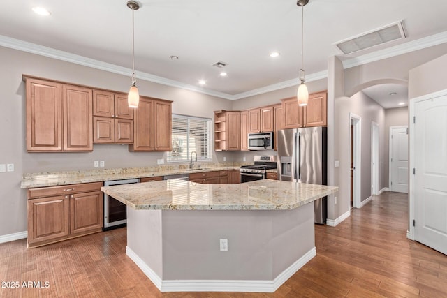 3034 E Turney Ave, Phoenix, AZ 85016 - kitchen featuring appliances with stainless steel finishes, a sink, open shelves, arched walkways, and wine cooler