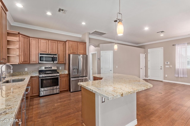 3034 E Turney Ave, Phoenix, AZ 85016 - kitchen featuring stainless steel appliances, a sink, open shelves, dark wood finished floors, and a center island