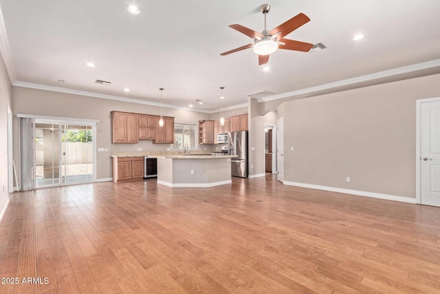3034 E Turney Ave, Phoenix, AZ 85016 - unfurnished living room with a ceiling fan, light wood-style flooring, ornamental molding, recessed lighting, and wine cooler