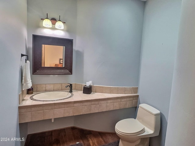 bathroom featuring wood-type flooring, toilet, and sink